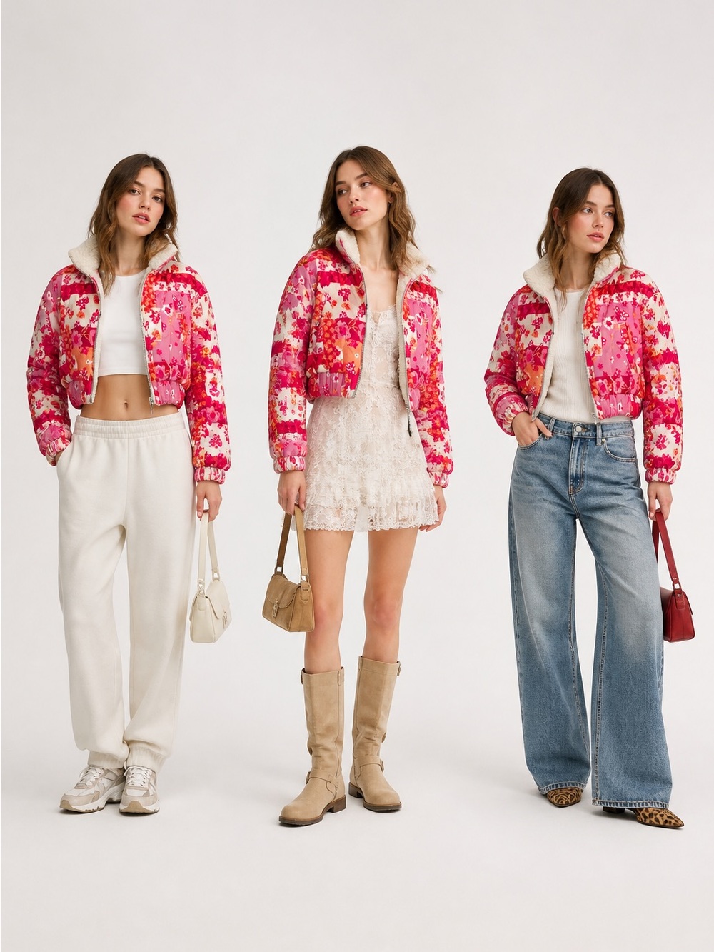 Altar'd AS Revival Floral Sherpa-Lined Collar Cropped Women's S Puffer Jacket